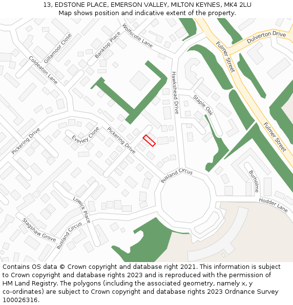 13, EDSTONE PLACE, EMERSON VALLEY, MILTON KEYNES, MK4 2LU: Location map and indicative extent of plot