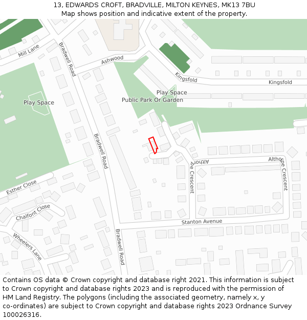 13, EDWARDS CROFT, BRADVILLE, MILTON KEYNES, MK13 7BU: Location map and indicative extent of plot