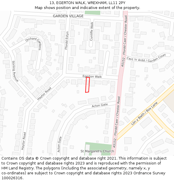 13, EGERTON WALK, WREXHAM, LL11 2PY: Location map and indicative extent of plot