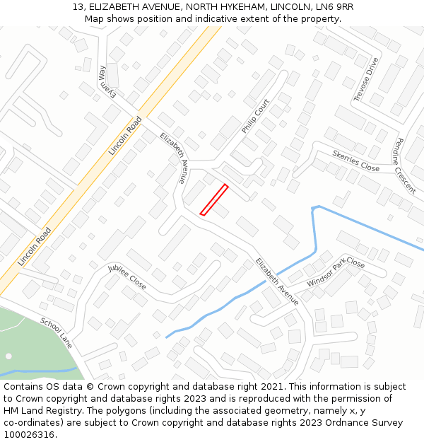 13, ELIZABETH AVENUE, NORTH HYKEHAM, LINCOLN, LN6 9RR: Location map and indicative extent of plot