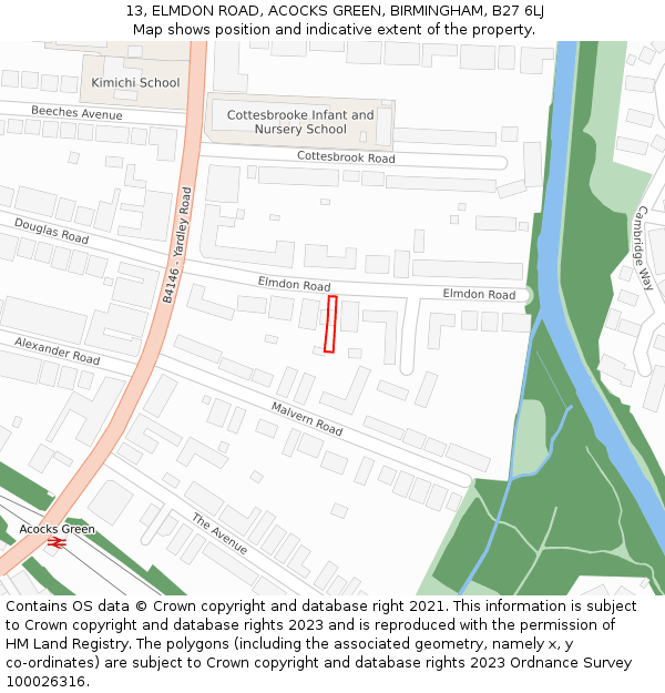 13, ELMDON ROAD, ACOCKS GREEN, BIRMINGHAM, B27 6LJ: Location map and indicative extent of plot