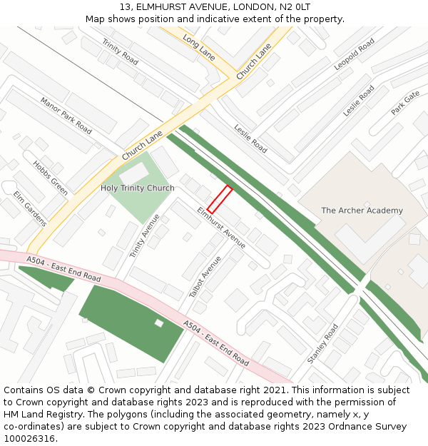 13, ELMHURST AVENUE, LONDON, N2 0LT: Location map and indicative extent of plot