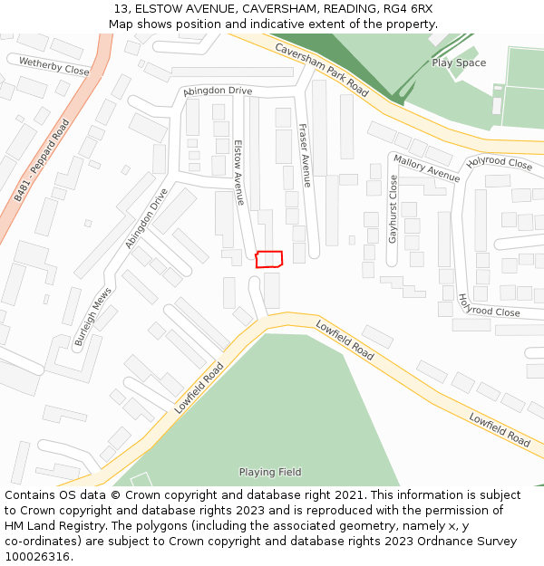 13, ELSTOW AVENUE, CAVERSHAM, READING, RG4 6RX: Location map and indicative extent of plot