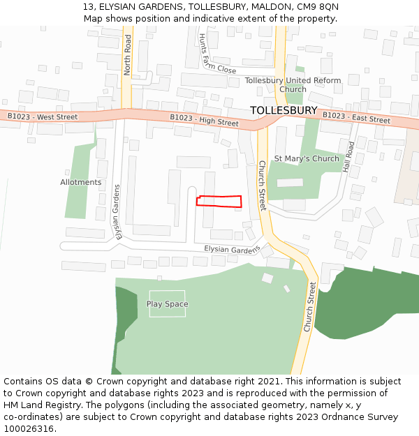 13, ELYSIAN GARDENS, TOLLESBURY, MALDON, CM9 8QN: Location map and indicative extent of plot