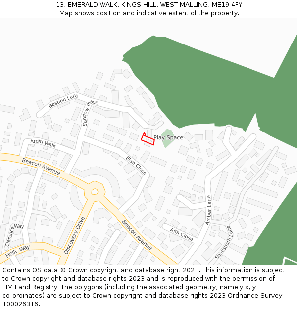 13, EMERALD WALK, KINGS HILL, WEST MALLING, ME19 4FY: Location map and indicative extent of plot