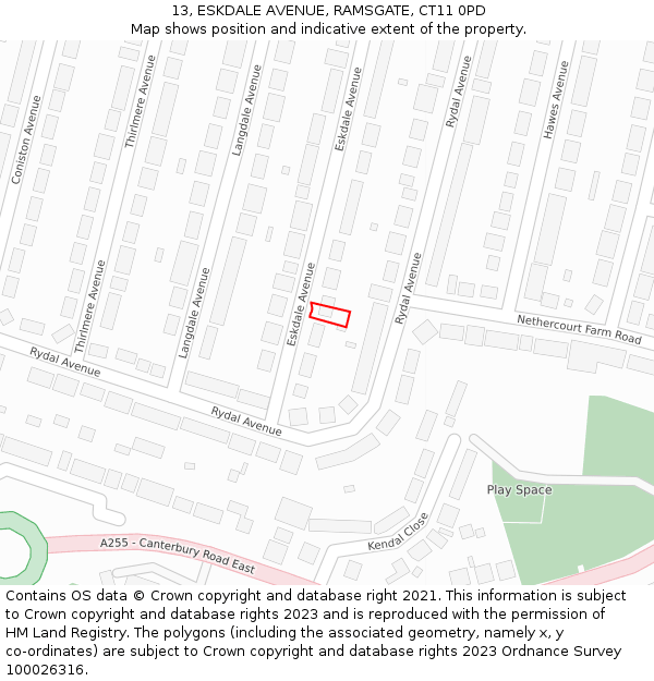 13, ESKDALE AVENUE, RAMSGATE, CT11 0PD: Location map and indicative extent of plot