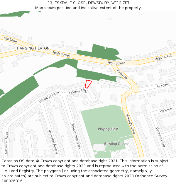 13, ESKDALE CLOSE, DEWSBURY, WF12 7PT: Location map and indicative extent of plot