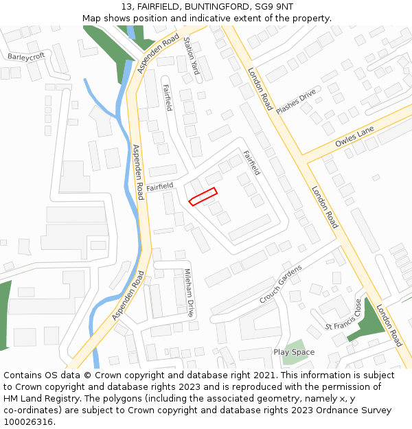 13, FAIRFIELD, BUNTINGFORD, SG9 9NT: Location map and indicative extent of plot