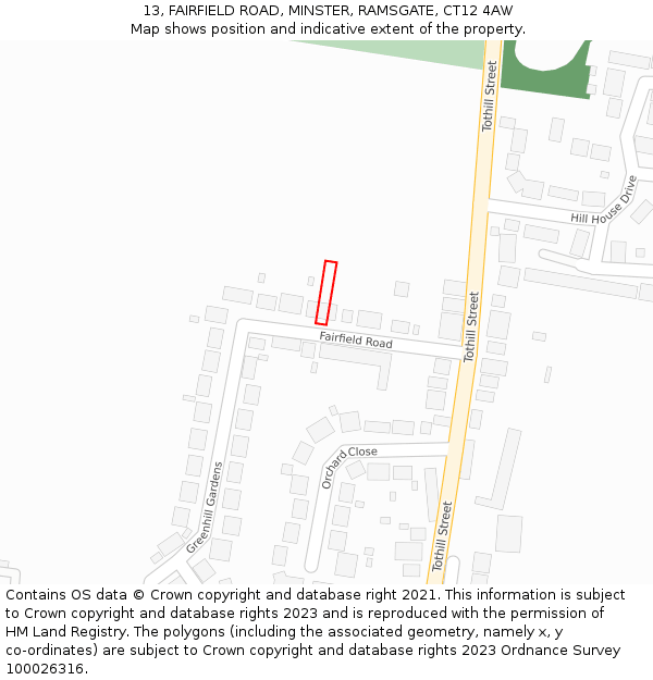 13, FAIRFIELD ROAD, MINSTER, RAMSGATE, CT12 4AW: Location map and indicative extent of plot