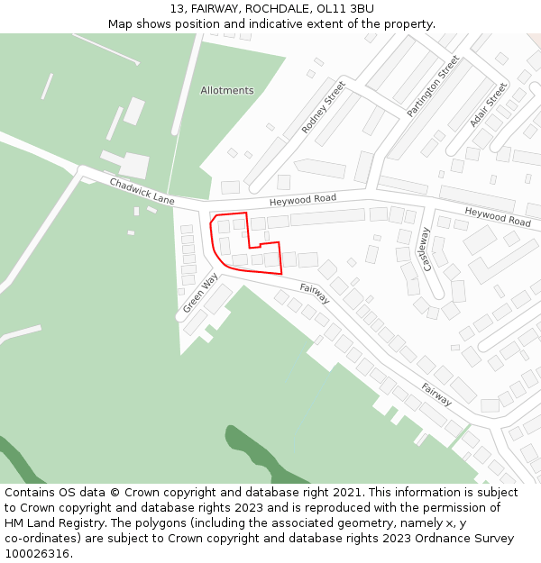 13, FAIRWAY, ROCHDALE, OL11 3BU: Location map and indicative extent of plot