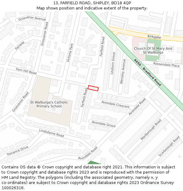 13, FARFIELD ROAD, SHIPLEY, BD18 4QP: Location map and indicative extent of plot