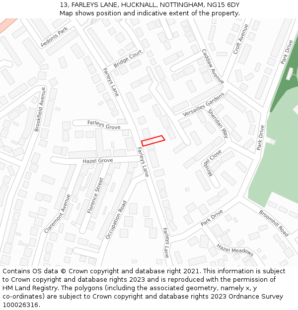 13, FARLEYS LANE, HUCKNALL, NOTTINGHAM, NG15 6DY: Location map and indicative extent of plot