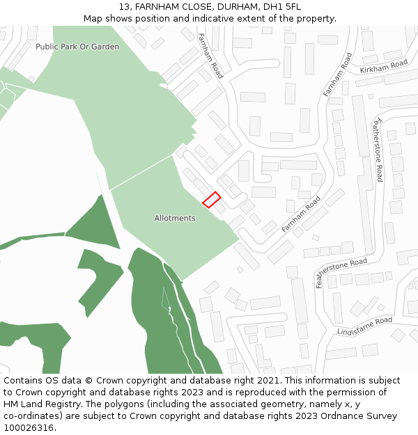 13, FARNHAM CLOSE, DURHAM, DH1 5FL: Location map and indicative extent of plot