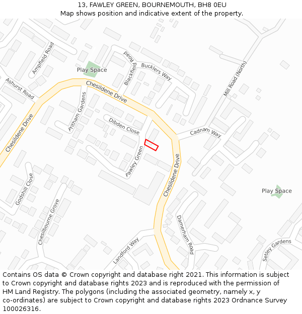 13, FAWLEY GREEN, BOURNEMOUTH, BH8 0EU: Location map and indicative extent of plot