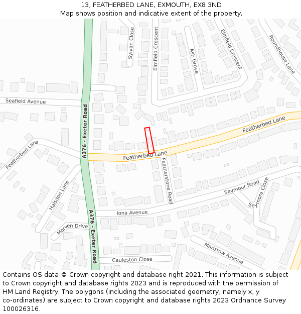 13, FEATHERBED LANE, EXMOUTH, EX8 3ND: Location map and indicative extent of plot