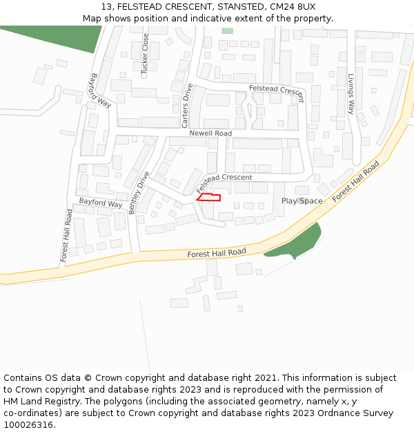 13, FELSTEAD CRESCENT, STANSTED, CM24 8UX: Location map and indicative extent of plot