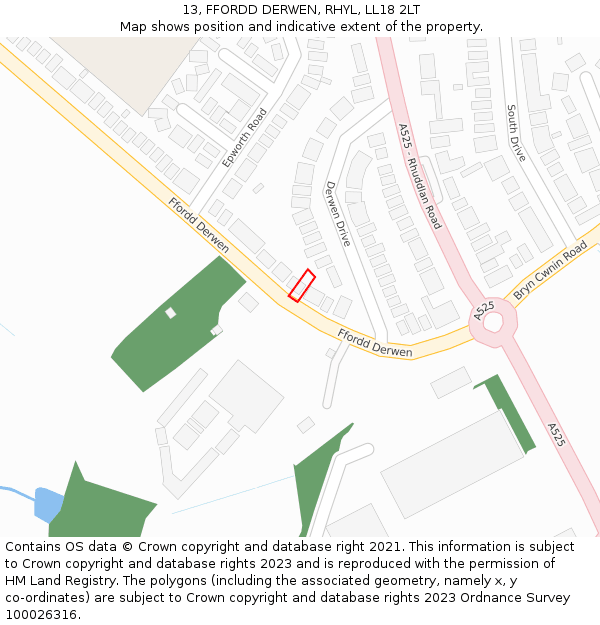 13, FFORDD DERWEN, RHYL, LL18 2LT: Location map and indicative extent of plot