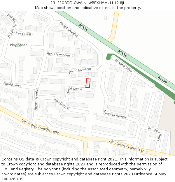 13, FFORDD OWAIN, WREXHAM, LL12 8JL: Location map and indicative extent of plot