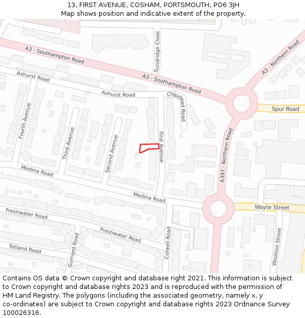 13, FIRST AVENUE, COSHAM, PORTSMOUTH, PO6 3JH: Location map and indicative extent of plot