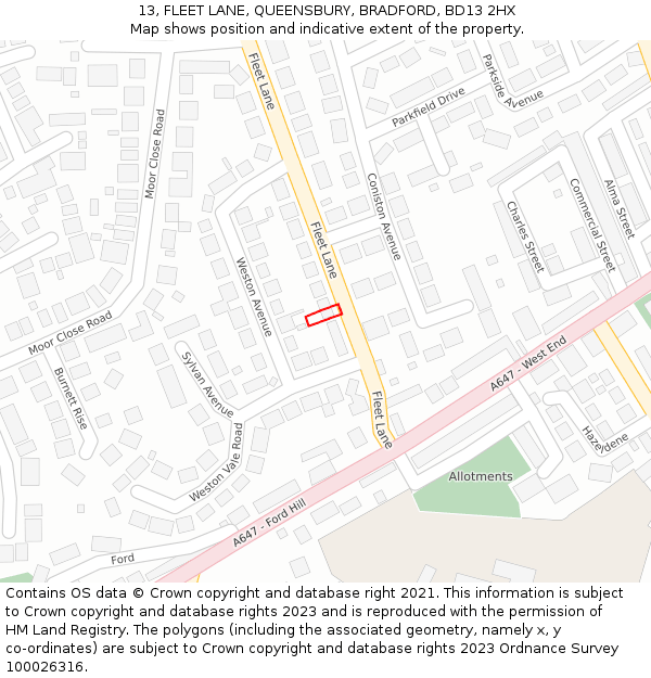 13, FLEET LANE, QUEENSBURY, BRADFORD, BD13 2HX: Location map and indicative extent of plot