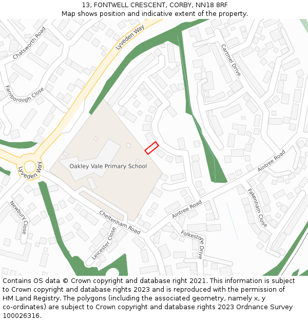 13, FONTWELL CRESCENT, CORBY, NN18 8RF: Location map and indicative extent of plot