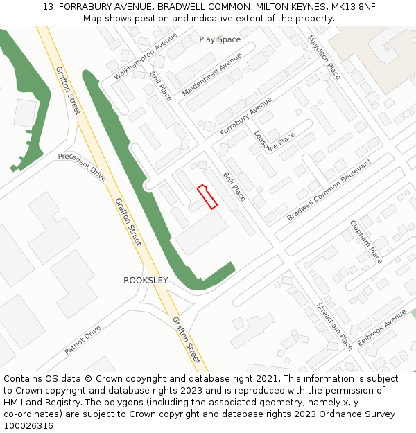 13, FORRABURY AVENUE, BRADWELL COMMON, MILTON KEYNES, MK13 8NF: Location map and indicative extent of plot