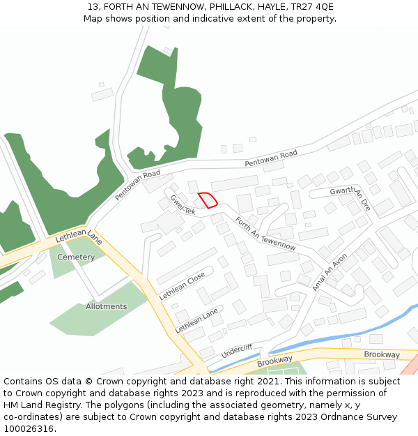 13, FORTH AN TEWENNOW, PHILLACK, HAYLE, TR27 4QE: Location map and indicative extent of plot