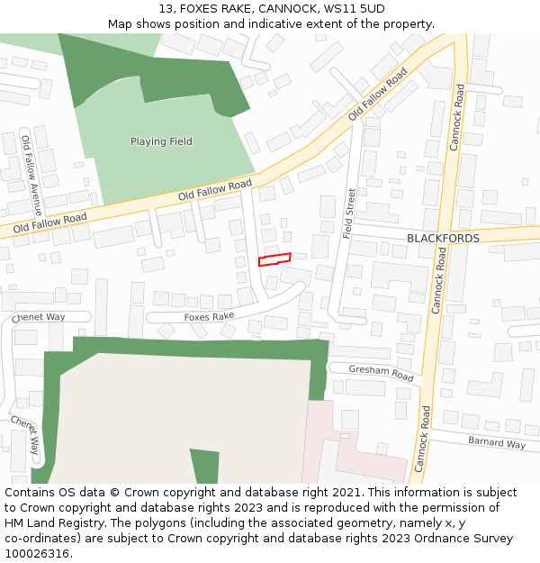 13, FOXES RAKE, CANNOCK, WS11 5UD: Location map and indicative extent of plot