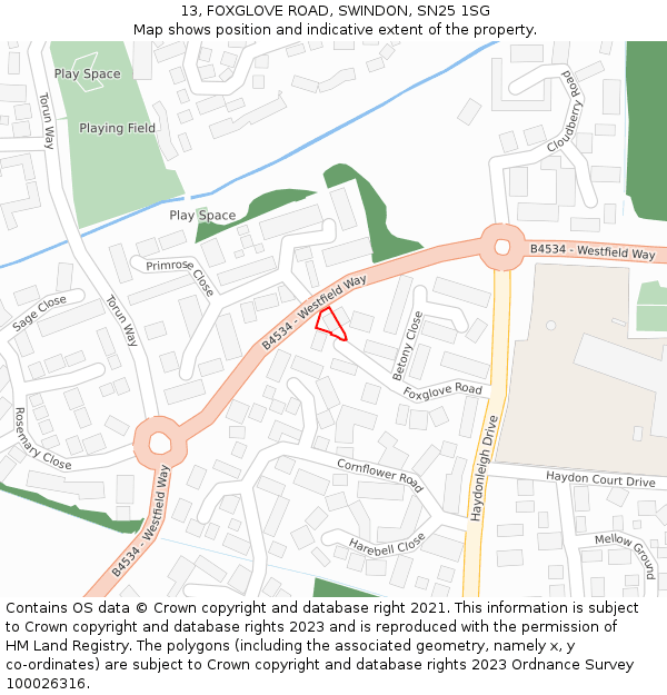 13, FOXGLOVE ROAD, SWINDON, SN25 1SG: Location map and indicative extent of plot