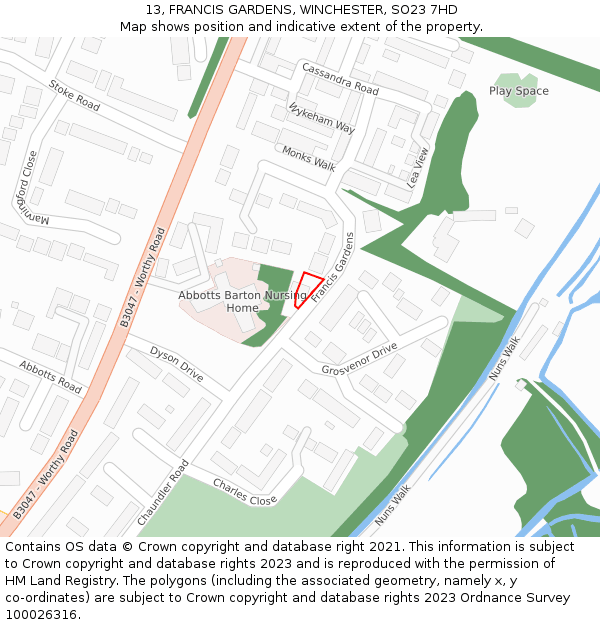 13, FRANCIS GARDENS, WINCHESTER, SO23 7HD: Location map and indicative extent of plot