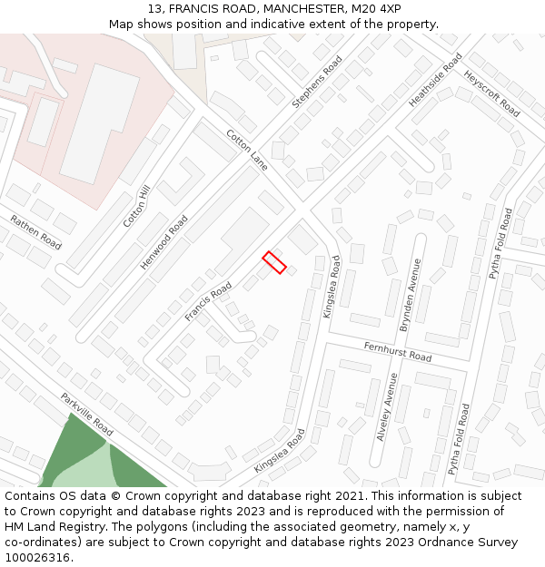 13, FRANCIS ROAD, MANCHESTER, M20 4XP: Location map and indicative extent of plot