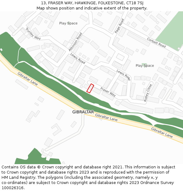 13, FRASER WAY, HAWKINGE, FOLKESTONE, CT18 7SJ: Location map and indicative extent of plot