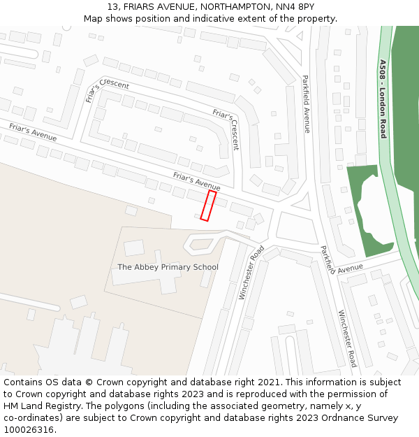 13, FRIARS AVENUE, NORTHAMPTON, NN4 8PY: Location map and indicative extent of plot