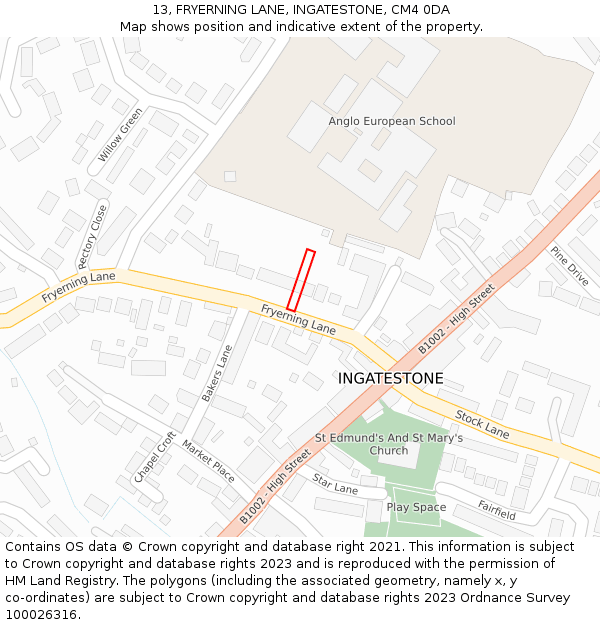 13, FRYERNING LANE, INGATESTONE, CM4 0DA: Location map and indicative extent of plot