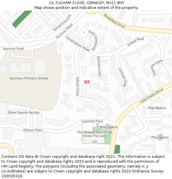 13, FULHAM CLOSE, CRAWLEY, RH11 9NY: Location map and indicative extent of plot