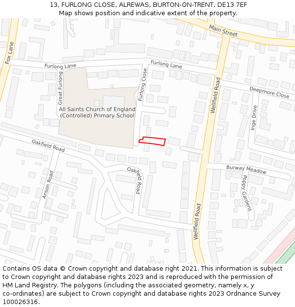 13, FURLONG CLOSE, ALREWAS, BURTON-ON-TRENT, DE13 7EF: Location map and indicative extent of plot