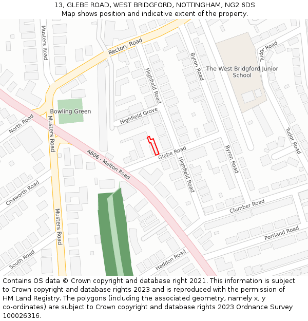 13, GLEBE ROAD, WEST BRIDGFORD, NOTTINGHAM, NG2 6DS: Location map and indicative extent of plot