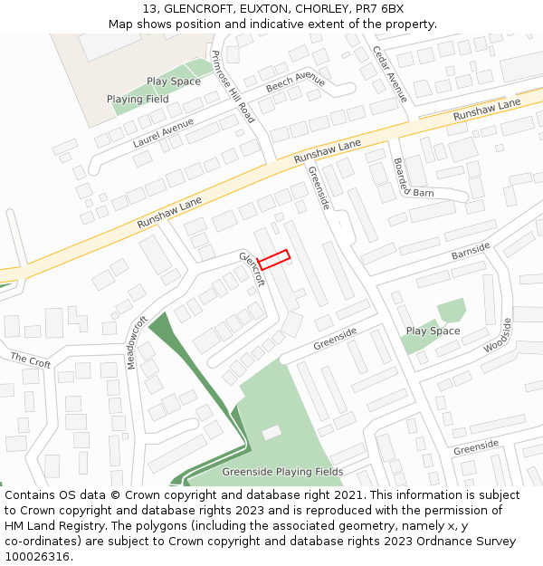 13, GLENCROFT, EUXTON, CHORLEY, PR7 6BX: Location map and indicative extent of plot