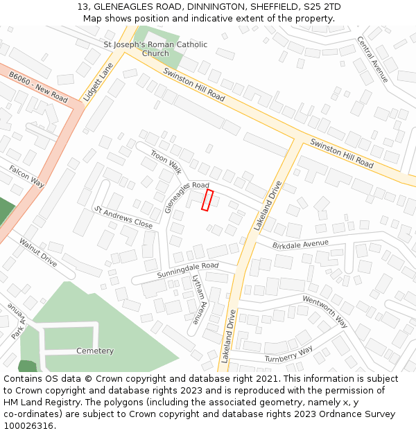 13, GLENEAGLES ROAD, DINNINGTON, SHEFFIELD, S25 2TD: Location map and indicative extent of plot