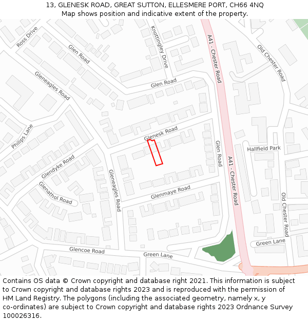 13, GLENESK ROAD, GREAT SUTTON, ELLESMERE PORT, CH66 4NQ: Location map and indicative extent of plot