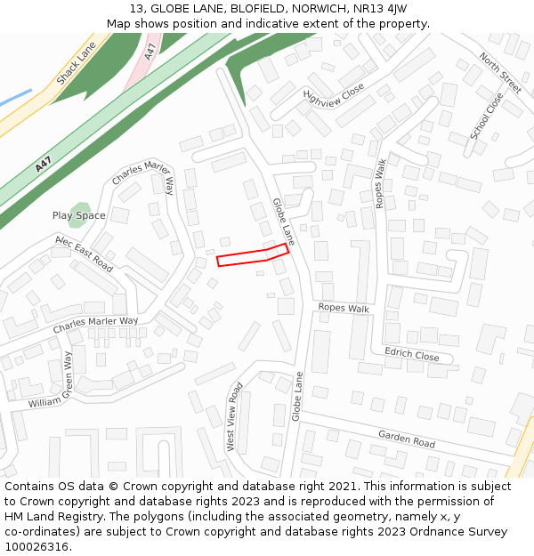 13, GLOBE LANE, BLOFIELD, NORWICH, NR13 4JW: Location map and indicative extent of plot