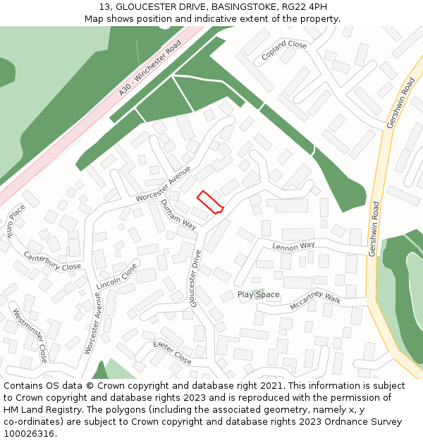 13, GLOUCESTER DRIVE, BASINGSTOKE, RG22 4PH: Location map and indicative extent of plot