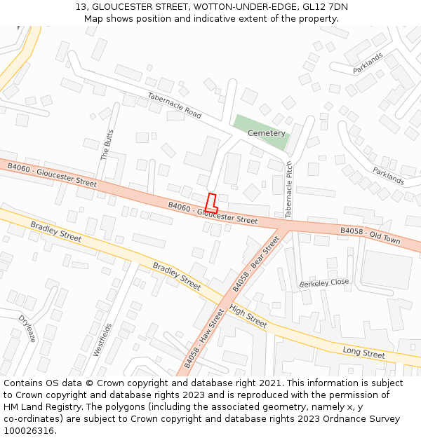 13, GLOUCESTER STREET, WOTTON-UNDER-EDGE, GL12 7DN: Location map and indicative extent of plot