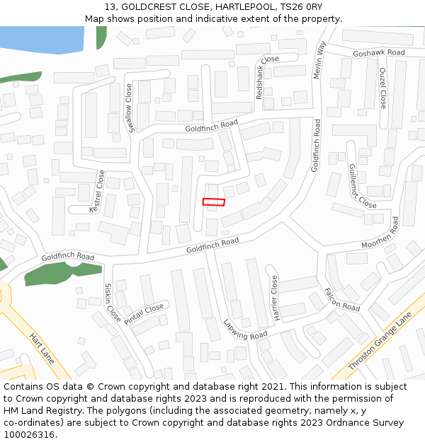 13, GOLDCREST CLOSE, HARTLEPOOL, TS26 0RY: Location map and indicative extent of plot