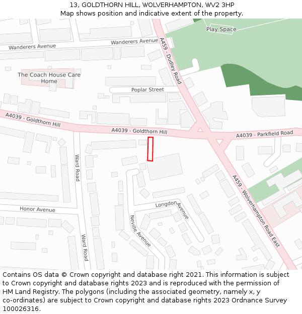 13, GOLDTHORN HILL, WOLVERHAMPTON, WV2 3HP: Location map and indicative extent of plot