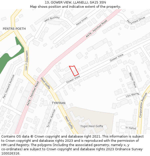 13, GOWER VIEW, LLANELLI, SA15 3SN: Location map and indicative extent of plot