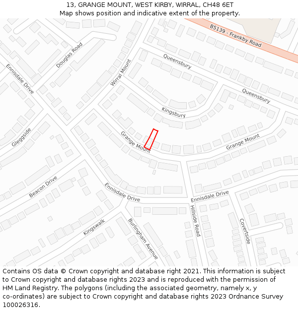 13, GRANGE MOUNT, WEST KIRBY, WIRRAL, CH48 6ET: Location map and indicative extent of plot