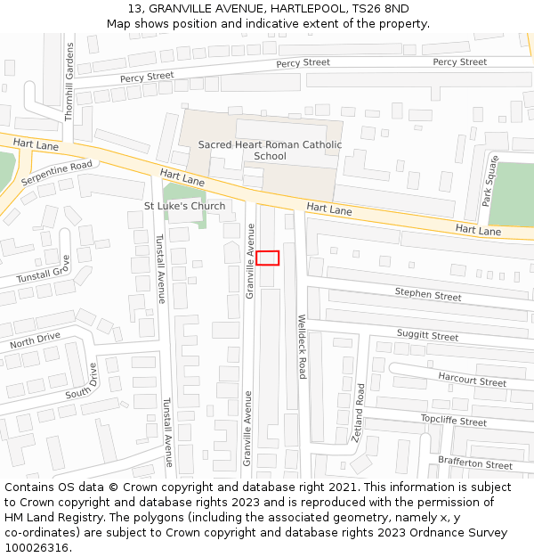 13, GRANVILLE AVENUE, HARTLEPOOL, TS26 8ND: Location map and indicative extent of plot