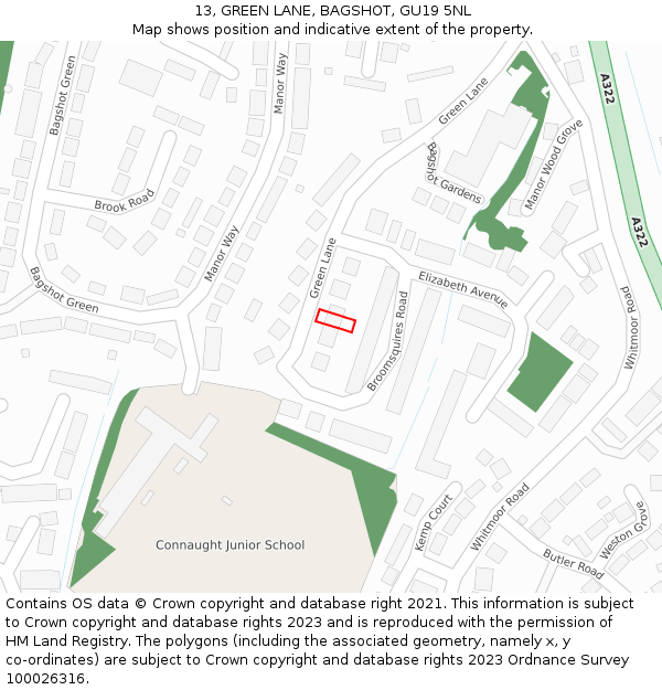 13, GREEN LANE, BAGSHOT, GU19 5NL: Location map and indicative extent of plot