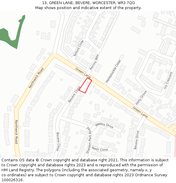 13, GREEN LANE, BEVERE, WORCESTER, WR3 7QG: Location map and indicative extent of plot